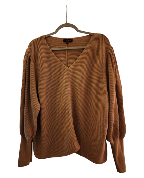 1 State V-Neck Ribbed Seamed Dolman Puffed Sleeved Cotton Sweater Tan LT Brn XXL - Picture 1 of 7